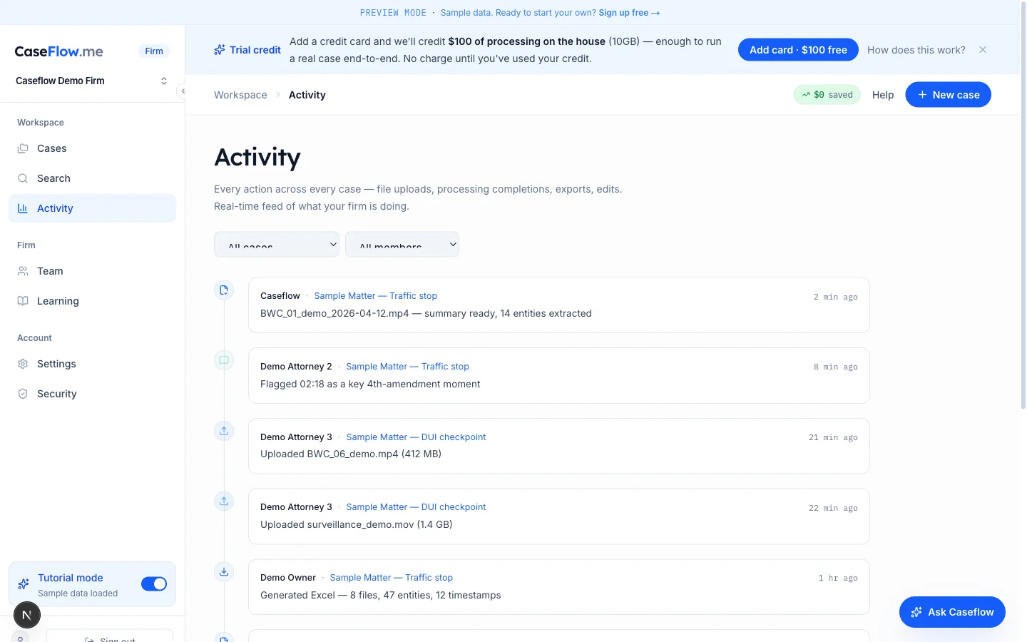 Caseflow Brady-trail audit log with timestamped access entries.