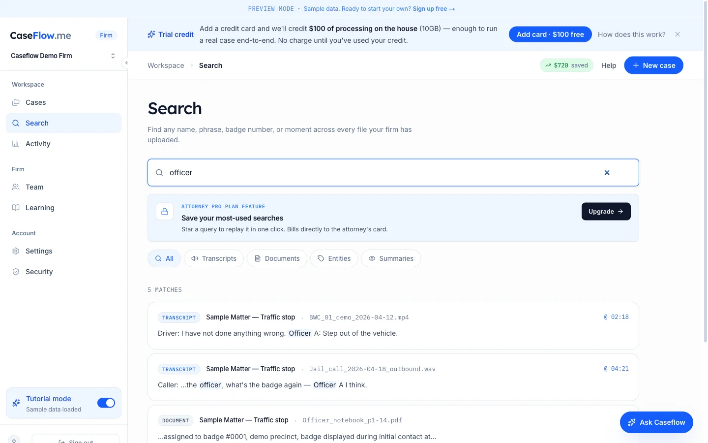 Caseflow search results showing every appearance of Badge 4189 across video and documents.