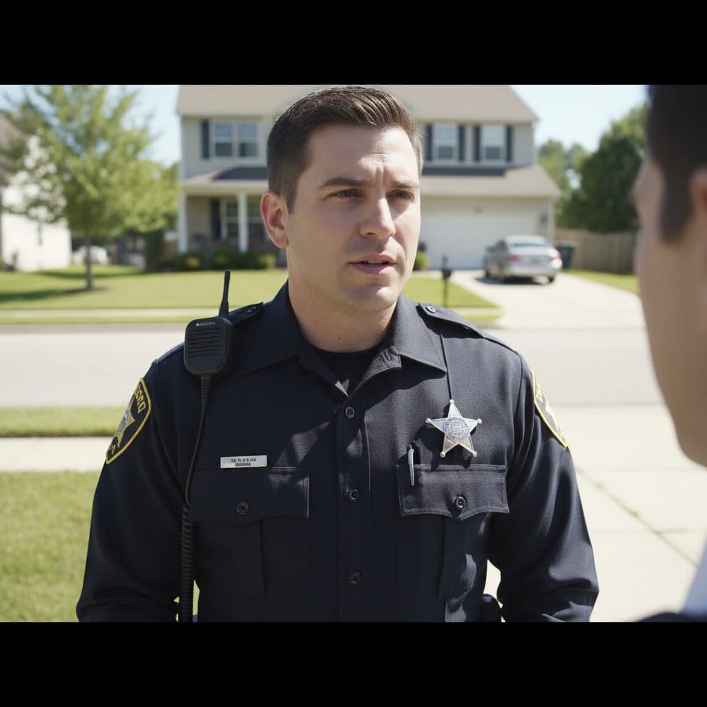 Body-camera frame with Caseflow auto-detection highlight on an officer's badge.