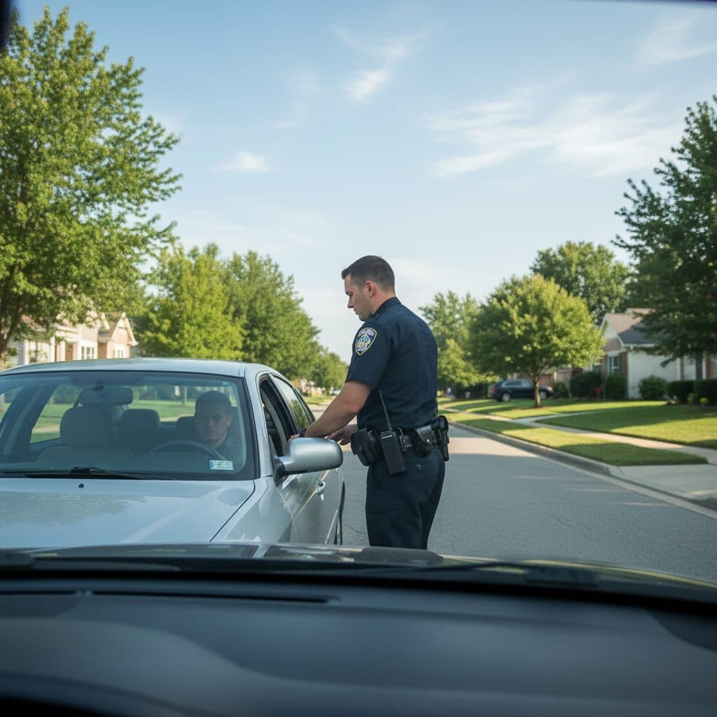 Dash-camera frame showing an officer at the driver's-side window of a stopped vehicle; Caseflow highlights the badge on his uniform.