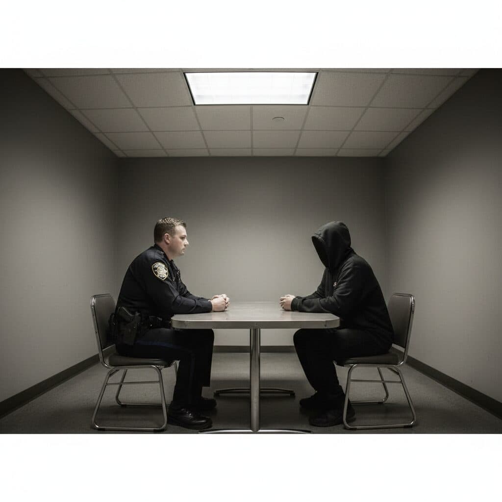 CCTV frame of a police interview room with an officer and a hooded subject seated at a table; Caseflow highlights the officer's chest badge.